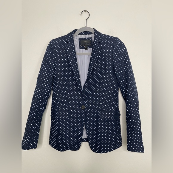 J. Crew Pure Linen Regent Career Blazer in Navy Polka Dots Office Business Sz 00 - Picture 2 of 12